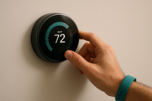 A user adjusts a smart thermostat to optimize temperature settings for smart thermostat energy savings.