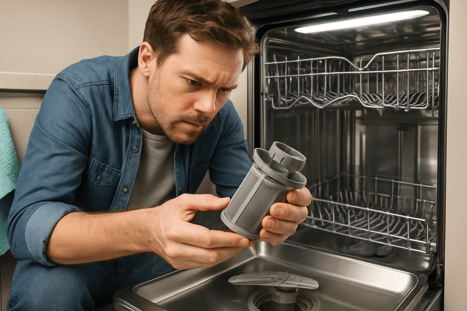 Man inspecting dishwasher filter affected by mineral buildup.