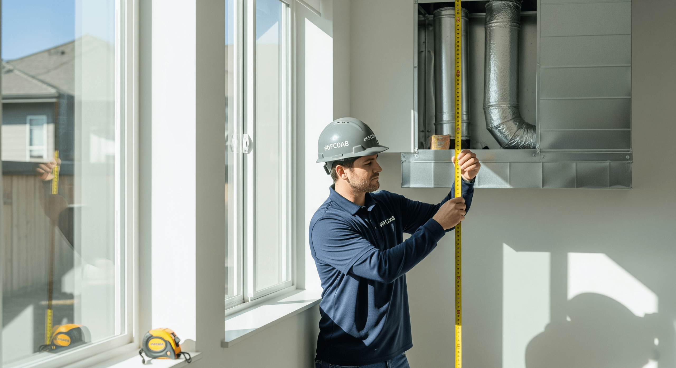 Technician measuring HVAC ductwork height near a window.