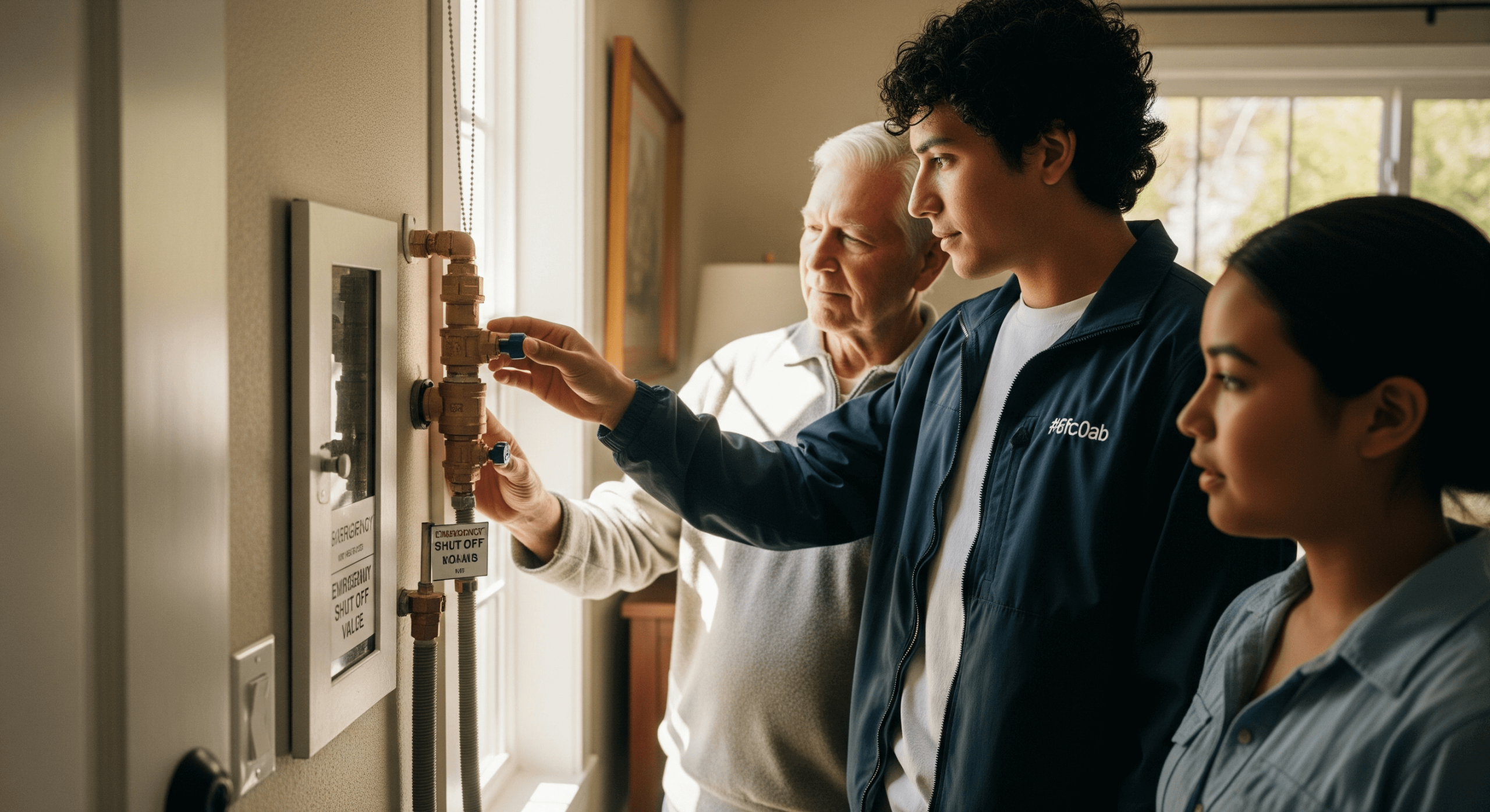 Family being shown emergency shutoff valves in California home.