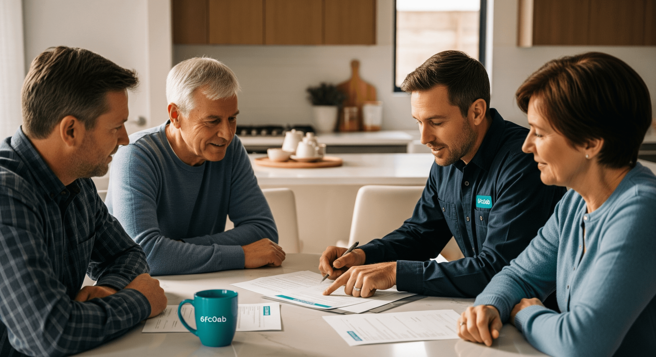 Consultant discussing home upgrade rebates with homeowners.
