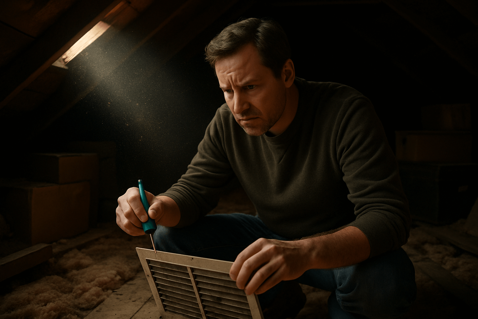 Man checking dusty air vent in attic space.