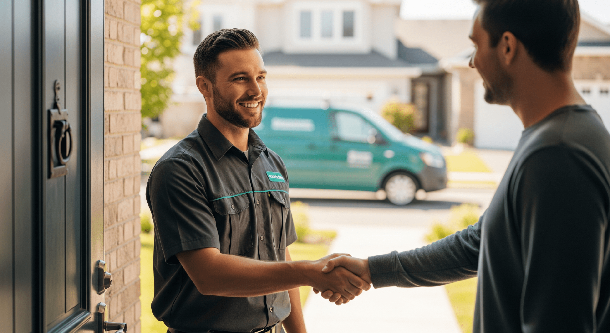 Local plumber in Yucaipa greeting homeowner at front door