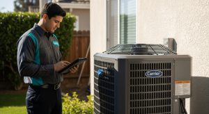 HVAC technician inspecting outdoor air conditioner system in Yucaipa