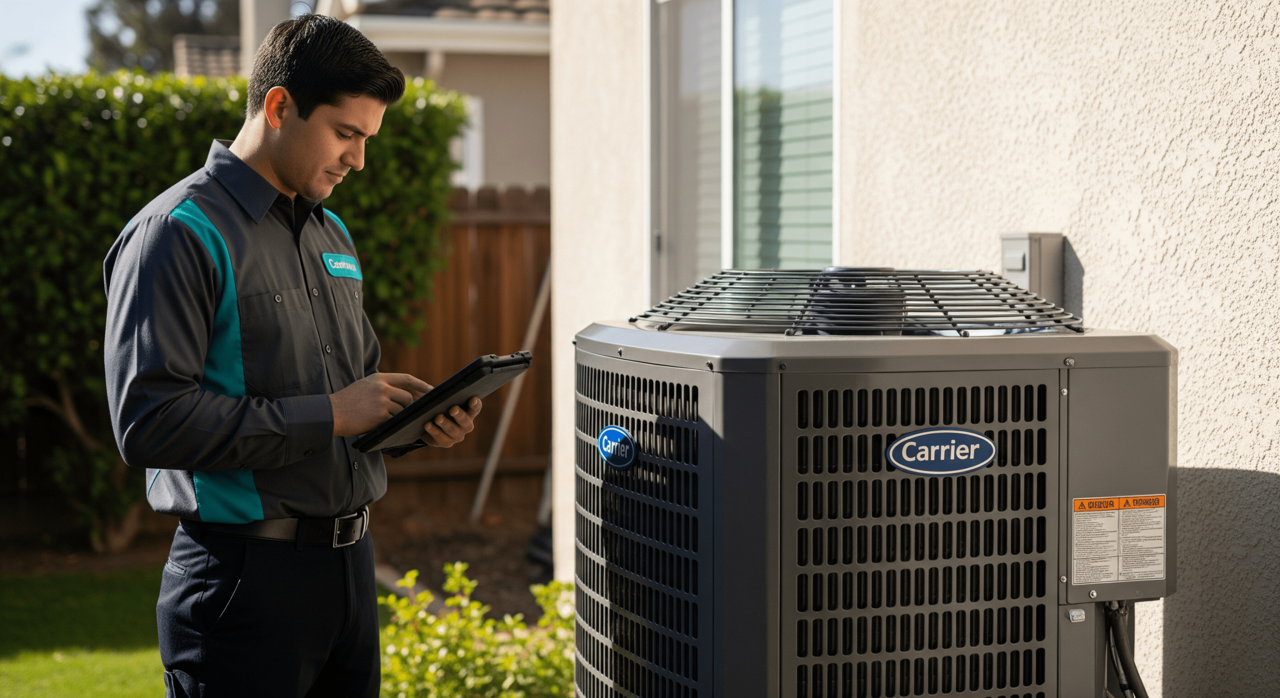 HVAC technician inspecting outdoor air conditioner system in Yucaipa